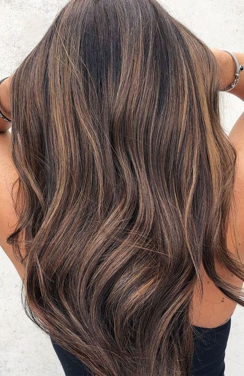 Melted Chocolate Balayage, Brown Colour Melt Hair, Hair Colour Ideas To Cover Grey, Brunette With Toffee Highlights, Brunette Colour Melt, Brunette Hair To Cover Grey, Grey Highlights In Brown Hair Brunettes, Big Highlights Brown Hair, Brunette Covering Grey Hair