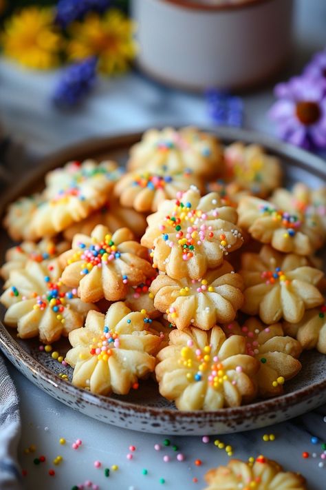 Colorful flower-shaped cookies with sprinkles on a plate. Easy Spritz Cookies, Best Cookie Press Recipes, How To Use A Cookie Press, Press Cookies Christmas, Flavored Spritz Cookies, Pressed Cookies Recipe, Spritz Cookies Recipes Best, Cookie Press Cookies Recipe, Spritz Cookies Recipes