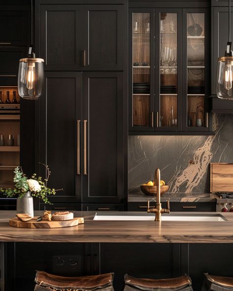 Dark Kitchen Cabinetry/ Dark cabinets that perfectly complement the kitchen's aesthetic Moody Kitchen Ideas, Moody Modern Kitchen, Dark Moody Kitchen, Moody Kitchen, Moody Modern, Kitchen 2023, Bold Kitchen, Dark Kitchen, Canyon Lake