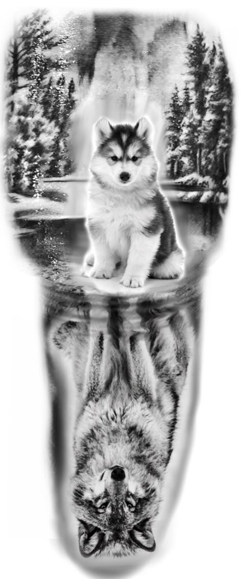 Animal Reflection Tattoo, Wolf Reflection Tattoo Design, Wolf Cub Tattoo Design, Wolf Reflection Tattoo, Wolf Cub Tattoo, Wolf And Pup Tattoo, Baby Wolf Tattoo, Angry Wolf Tattoo Design, Wolf And Cub Tattoo Design