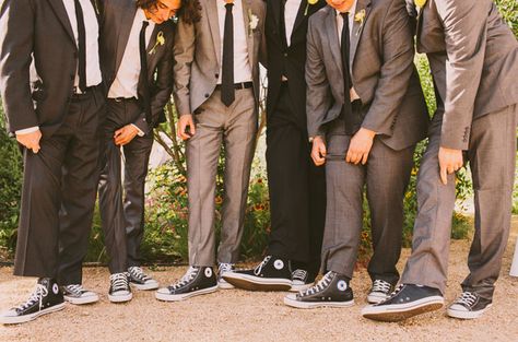 Converse Wedding Party, Wedding Party Converse, Suit With Converse, Groom Converse, Groom Casual, Black Leather Converse, How To Wear Blazers, Converse Wedding Shoes, Grey Suits