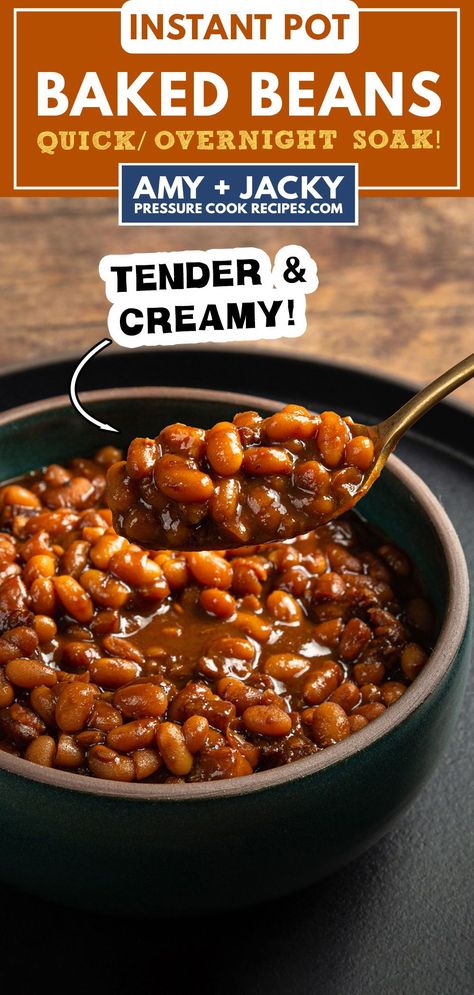 Step-by-Step Guide on how to cook Instant Pot Baked Beans. Make easy baked beans from scratch with dry beans using the quick soak or overnight soak methods. Tender creamy beans packed with deliciously rich complex flavors. A crowd-pleasing side dish for more than just barbeques, cookouts, and parties! Pressure Cooker Baked Beans, Instant Pot Baked Beans, Baked Beans From Scratch, Creamy Beans, Beans From Scratch, Easy Baked Beans, Homemade Baked Beans, Baked Bean Recipes, Dry Beans