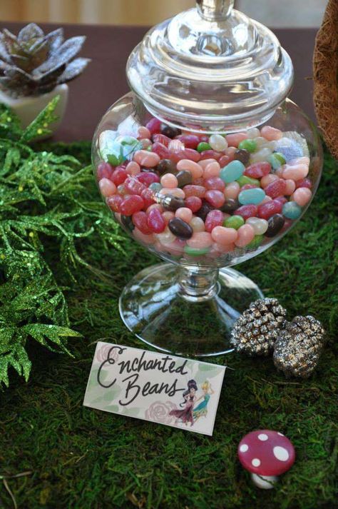 Fairy---Enchanted  Beans (Jelly Belly jelly beans in a glass jar. Simple and cute idea----Image Only Party Favors Fairy Theme, Fairy Themed Birthday Party Ideas, Fairy Party Food Table, Fairycore Party Ideas, Fairy Dessert Table Ideas, First Garden Party 1st Birthdays, Fairy Garden Party Decorations Diy, Outdoor Fairy Birthday Party, Woodland Fairy Party Decorations