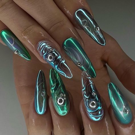 Alien Nails, Galaxy Nail Art, Green Electric, Nail Techniques, Green Nail Designs, Grunge Nails, Get Nails, Nail Art Ideas, Fire Nails