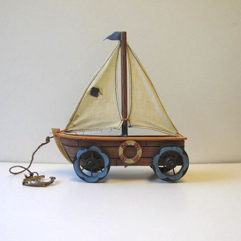 Toy Sailboat, Vintage Sailboat, Boat Beach, Pull Toys, Toy Boats, Baby Shower Deco, Toy Boat, Beach Cottage Decor, Sail Boat