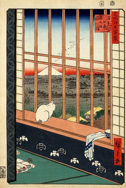 Hiroshige: Asakusa ricefields and torinomachi festival, 1857 | Flickr - Photo Sharing! Japanese Bobtail, Japan Painting, Ohara Koson, Utagawa Hiroshige, Japanese Cat, Ukiyo E, Art Japonais, Japanese Woodblock Printing, Japanese Painting