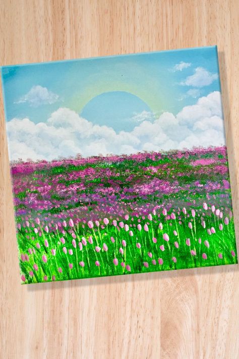 Tulip Field Painting, Cloud Scenery, Tutorial Acrylic Painting, Painting Tutorial Acrylic, Flower Field Painting, Field Paint, Tulip Field, Paint Easy, Tulip Painting