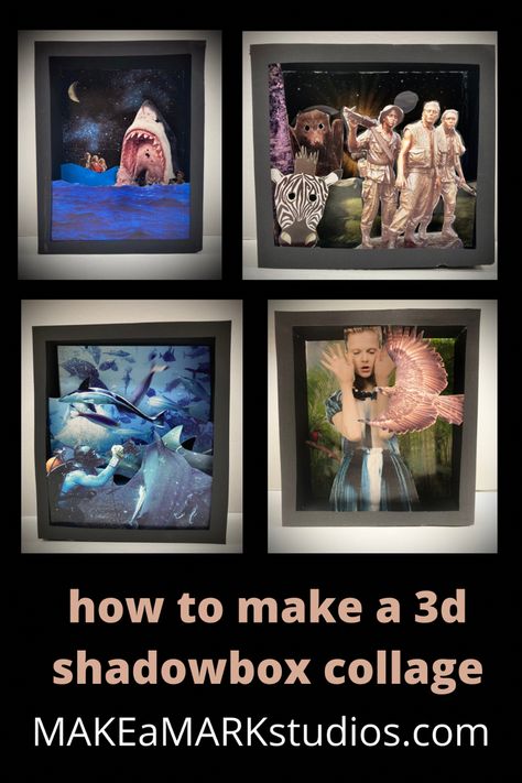 3d Collage Art Ideas, 3d Collage Ideas, 3d Art Projects For Elementary Students, How To Make A Collage, Shadow Box Collage, 3d Collage Art, Shadowbox Art, 3d Art Projects, Box Assemblage