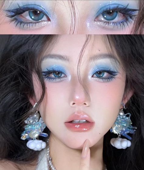 Blue Black Makeup, Blue Siren Makeup, Makeup For Blue Hair, Makeup Ideas Blue Eyes, K Pop Makeup Looks, 3d Makeup, Anime Makeup Ideas, Makeup Looks Simple, Idol Makeup