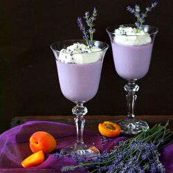 #Lavender mousse and peaches are a relaxing snack on a weekday afternoon. Lavender Mousse, Purple Table, French Inspired, Lavender, Dessert, Orange, Purple