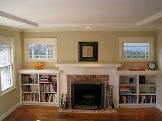 shelves around fireplace | I Married a Tree Hugger: Our Updated Craftsman Style Craftsman Style Fireplace, Shelves Around Fireplace, Bookshelves Around Fireplace, Tile Around Fireplace, Built In Wall Shelves, Fireplace Bookcase, Built In Around Fireplace, Craftsman Fireplace, Fireplace Bookshelves