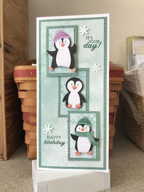 Penguin Xmas Cards, Winter Birthday Cards Ideas, Stampin Up Penguin Cards, Penguin Birthday Cards Handmade, Penguin Card Ideas, Penquin Place Stampin Up Cards, Penguin Christmas Cards Handmade, Winter Birthday Cards Handmade, Penguin Cards Handmade