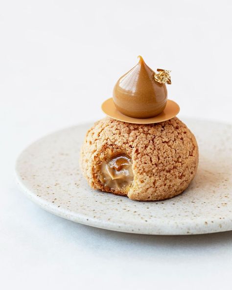 Maja Vase on Instagram: “Choux au craquelin filled with irresistibly silky coffee caramel cremeux and molten hazelnut praline 🌰☕️ Very last #fastelavnsbolle for…” Choux Filling Ideas, Choux Decoration, Choux Plated Dessert, Christmas Choux Au Craquelin, Sharing Dessert, Salted Caramel Profiteroles, Hazelnut Praline Mousse, Choux Au Craquelin Photography, Modern Choux Pastry