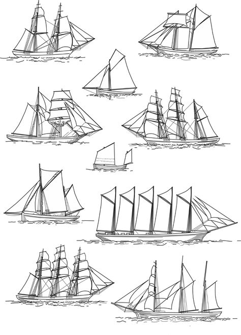 Sailing ship rig types - ThingLink Ship Types, Tall Ships Art, Navi A Vela, Boat Drawing, Old Sailing Ships, Tall Ship, Sailing Vessel, Canoe Trip, Ship Drawing