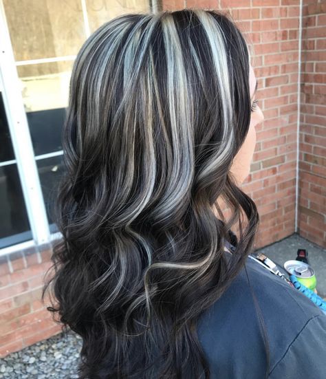 Chunky Gray Highlights On Dark Hair, Silver Highlights For Dark Brown Hair, Grey Streaks In Brown Hair Going Gray, Brown Hair Silver Streak, Chunky Silver Highlights On Dark Hair, Black Hair With Chunky Blonde Highlights, Dark Hair White Highlights, Skunk Hair Wavy, Chunky Silver Highlights