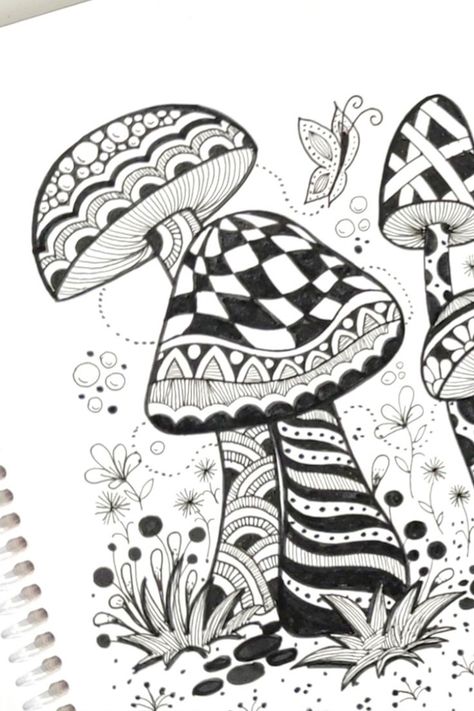 Zentangle Art Beginners, Zentangle Art Ideas, Beautiful Easy Drawings, Easy Zentangle Patterns, Easy Zentangle, Drawing Step By Step, Mushroom Drawing, Zentangle Artwork, Zen Doodle Art