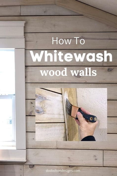 How To Whitewash Wood Walls With Diluted Paint Whitewash Wood Walls, Whitewash Knotty Pine Walls, White Washed Wood Paneling, Painted Pine Walls, How To Whitewash Wood, Stained Shiplap, Whitewash Paint, Knotty Pine Walls, White Washed Pine