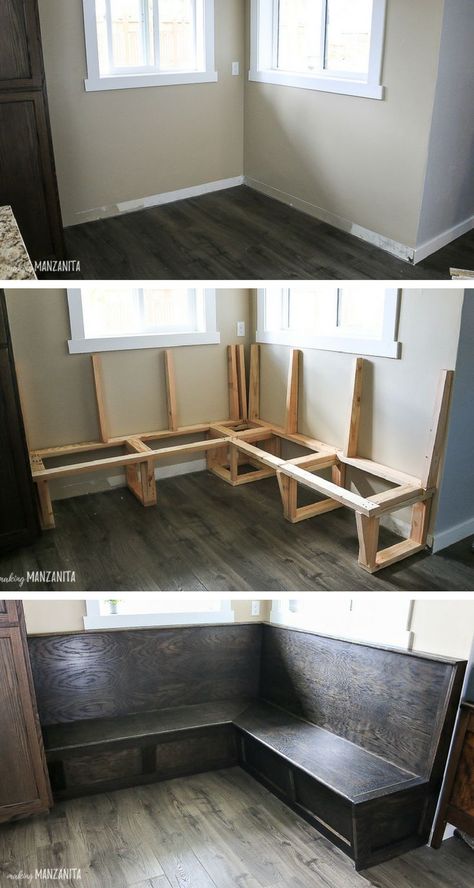 If you've always dreamed of having booth seating or a corner storage bench in your breakfast nook, you're in luck. You're going to love this detailed tutorial for how to build a banquette bench in your kitchen! #banquette #bench #seating #storage #kitchen Build A Banquette Bench, How To Build A Banquette Bench, Corner Storage Bench, Kitchen Corner Bench, Corner Bench With Storage, Seating In Kitchen, Booth Seating In Kitchen, Kitchen Booths, Breakfast Nook Bench