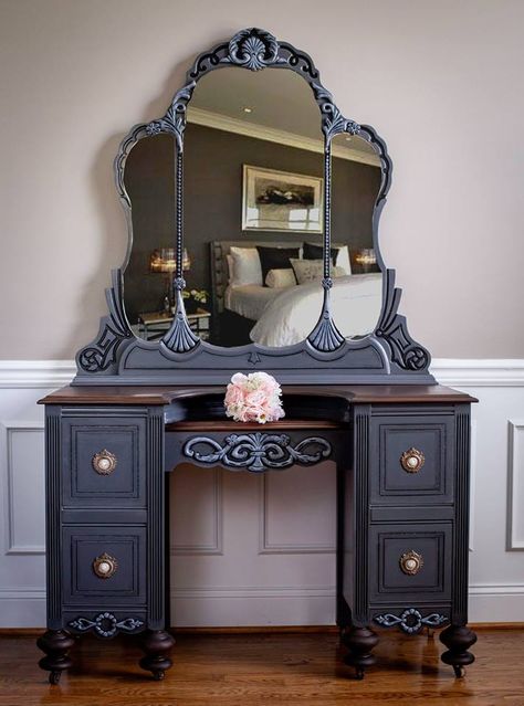 There’s just something that truly fascinates me about antique vanities. Their gorgeous carvings and their charm. This one was no exception! Painted in General Finishes Queenstown Gray with accents of GF Antique White. I just love how beautiful this 1940's one came out! Vanity Diy Makeover, Vanity Paint Ideas, Restored Vanity, Vanity Refurbished Diy, Makeup Vanity Redo, 1940 Furniture, Upcycled Vanity, 1940s Vanity, Vintage Vanity Makeover