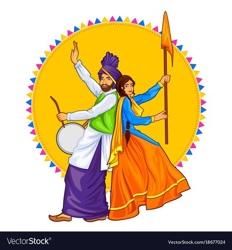 Sardar Couple, Lohri Wishes, Bhangra Dance, Happy Baisakhi, Punjabi Culture, Indian Artwork, Happy Lohri, Dancing Drawings, Punjabi Couple