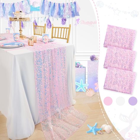 One Der The Sea First Birthday, Mermaid Party Table, Pink Table Runners, Iridescent Table, Purple Table Runner, Glitter Table, Mermaid Birthday Decorations, Table Rose, Mermaid Theme Birthday Party