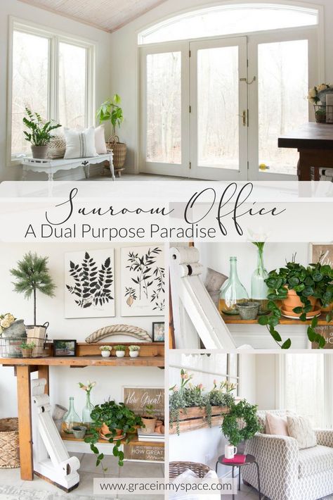 Have you ever needed to carve an office into another space? Today I'm sharing how I made a sunroom office into a dual purpose paradise. A little sun and nature mixed with a little work and modern convenience. Head to the blog for all the details www.graceinmyspace.com. Sunroom Office Combo, Sunroom With Office Space, Office In Sunroom Ideas, Desk In Sunroom, Sunroom Home Office Ideas, Small Sunroom Office, Office Sunroom Combo, Home Office Sunroom, Sunroom Office Ideas