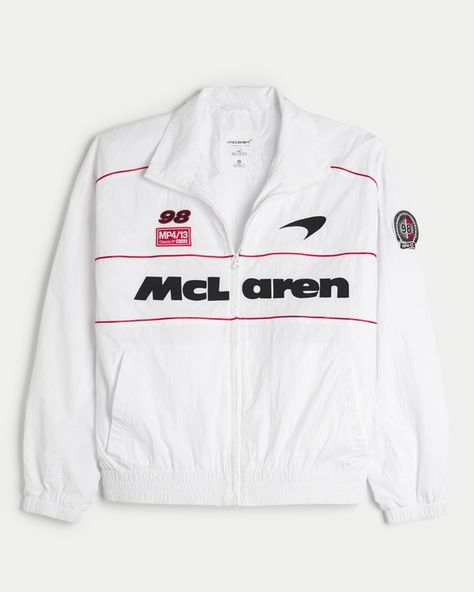 Men's McLaren Graphic Zip-Up Track Jacket | Men's Graphics Shop | HollisterCo.com Mclaren Jacket, Mclaren Racing, Red Denim Jacket, Brown Leather Jacket Men, Mens Fur Coat, Faux Leather Jacket Women, Fur Jacket Women, Graphic Embroidery, Cafe Racer Jacket