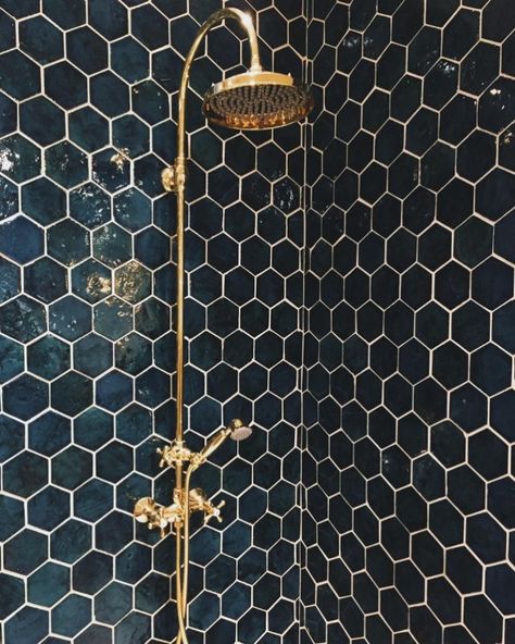 Honeycomb Tile, Tiled Bathroom, Caravan Makeover, Gold Shower, Diy Bathroom Remodel, Diy Remodel, Dream Bathroom, Cheap Home Decor, Bathroom Inspiration