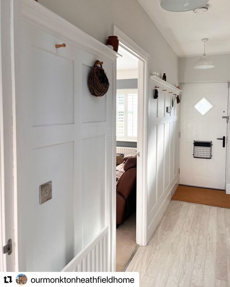 It's Transformation Tuesday! @ourmonktonheathfieldhome has transformed this hallway with our cut-to-size shaker wall panelling kit. We are loving all of the entrance halls that use our panelling to create an elegant and luxurious space to come home to. 🏠✨ Entrance Panelling, Flat Hallway, Shaker Panelling, Shaker Wall Panelling, Hallway Panelling, Wall Coat Hanger, Shaker Wall, Entrance Halls, Wall Paneling Diy