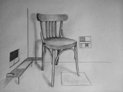 3d Chair Drawing, Charchol Drawing, Chair Drawing Sketches, Chair In Perspective, Interior Sketching, Easy Drawing Ideas For Beginners, Corner Drawing, Architecture Model Trees, Drapery Drawing