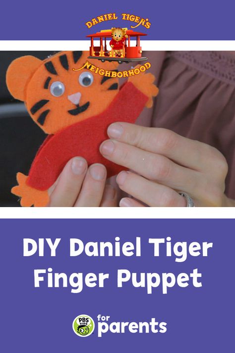 A Daniel Tiger finger puppet made from felt and googly eyes Daniel Tiger Craft, Daniel Tiger Activities, Tiger Finger Puppet, Tiger Activities, Puppet Crafts For Kids, Tiger Puppet, Tiger Crafts, Daniel Tiger, Puppet Crafts