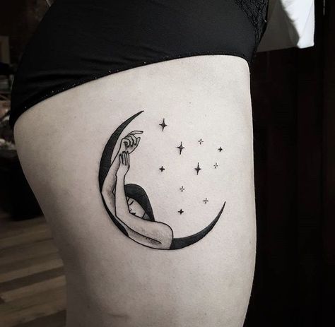 Ruled By The Moon Tattoo, Tattoos With No Shading, Sitting On Moon Tattoo, Moon Tattoos For Women, Small Words Tattoo, Luna Tattoo, Phoenix Tattoo Feminine, Tattoo Shading, Chic Tattoo