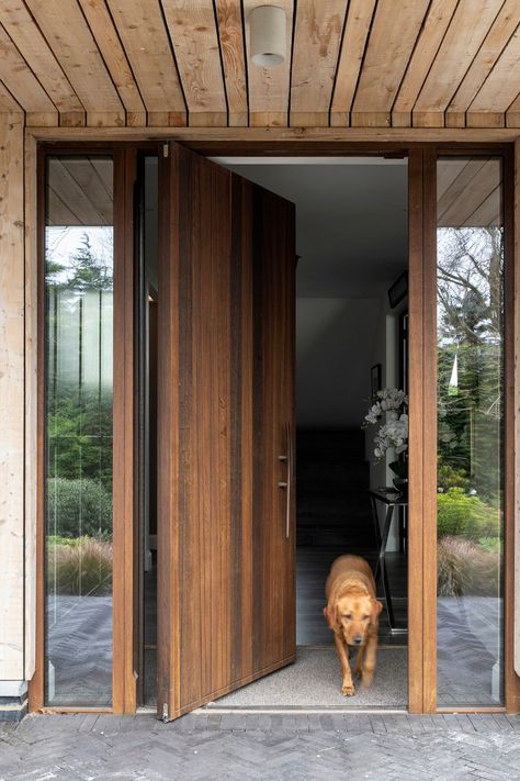 Milano V pivot doorset in Fumed Oak Urban Front Doors, Big Wooden Front Door, Wood Slat Front Door, Solid Wood Door Design Modern, Large Wood Front Door, Dark Wood Front Door, Pivot Front Door, Entrance Wood Door, Front Door With Sidelights