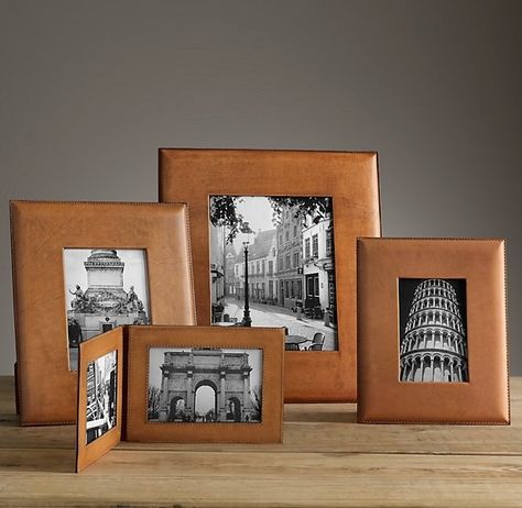 RH's Artisan frames add a stately touch to the nightstand, desk, or mantel; from $85 each. rh.com Leather Candle, Leather Picture Frames, Nightstand Desk, Leather Restoration, Leather Kitchen, Leather Mirror, Antique Stain, Leather Frames, Leather Artisan