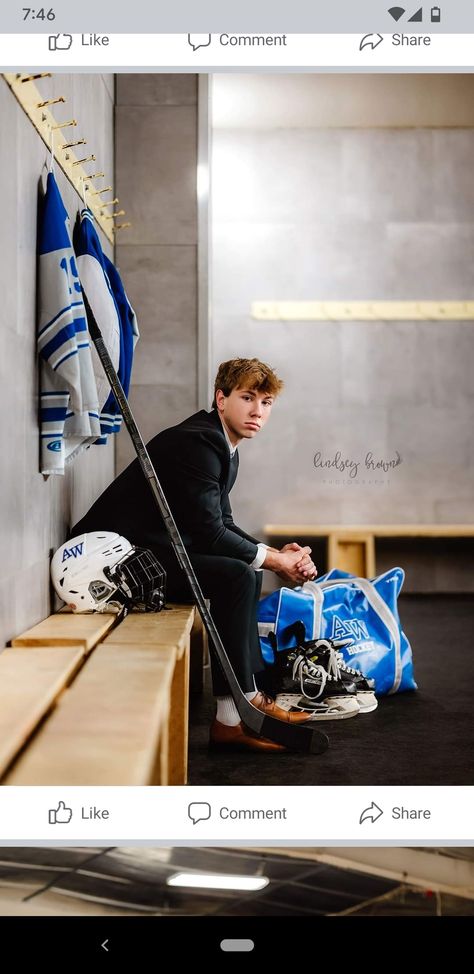 Hockey Locker Room Senior Pictures, Senior Pictures Hockey Photo Ideas, Senior Picture Ideas For Hockey Players, Hockey Senior Picture Ideas, Hockey Senior Pics, Hockey Goalie Senior Pictures, Ice Hockey Senior Pictures, Hockey Grad Pictures, Hockey Senior Pictures Boys