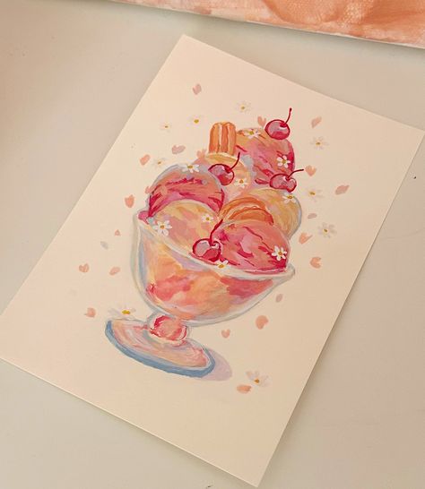 Colourful ice cream sundae topped with macaroons & cherries! 🍒🍧✨ I painted this live yesterday! 🥹 #gouachepainting #foodart #illustration #artistsoninstagram Ice Cream Paintings, Ice Cream Sundae Drawing, Sundae Drawing, Ice Cream Draw, Ice Cream Drawings, Popsicle Drawing, Ice Cream Doodle, Ice Cream Sketch, Colourful Ice Cream