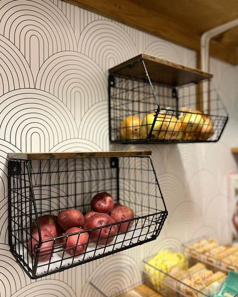 Audrey Barton/OrganizedChaos4 on Instagram: "I had this big open space on the wall of my pantry. I found these little baskets on Amazon. They filled the space and are perfect for holding my potatoes and onions. #pantry #organization #organize #food #storage #clean #potato #potatoes #kitchen #musthave #amazonfinds" Pantry Shelving Baskets, Onion Garlic Potato Storage Ideas, Kitchen Potato And Onion Storage, Potato Basket Storage, Kitchen Wall Baskets, Potatoe Storage Ideas, Onion Organizer Storage Ideas, Produce Baskets On Wall, Onion Potato Storage Ideas