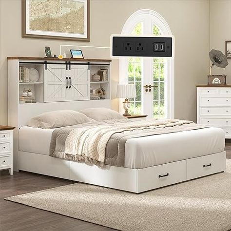 Amazon.com: HOWE King Size Wood Platform Bed Frame with 51.2" Bookcase Headboard, Storage Bed with Sliding Barn Door Charging Station 2 Drawers, No Box Spring Needed/Farmhouse/White : Home & Kitchen Barn Door Bookcase, Bookshelf Headboard, Farmhouse Bedrooms, King Size Platform Bed, Headboard With Shelves, Led Bed Frame, Wood Platform Bed Frame, Bed Platform, Wooden Platform Bed