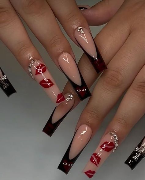 Glamorous Long Nails - New Year 2024: 17 Stylish Ideas to Shine Matching Valentines Nails With Bestie, Red And Black Medium Nails, Dark Red Acrylic Nails Coffin, Valentines Day Nails Medium Length, Black Valentines Day Outfit, Red Nails With Initials, Y2k Red Nails, Gangsta Nails, Red And Black Nails Acrylic