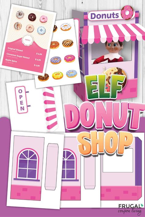 Create a sweet tradition with these Elf on the Shelf doughnut ideas and donut shop printable. Farewell Elf on the Shelf breakfasts, Elf on the Shelf doughnut costumes, and adorably sweet ideas, & more - we have your covered! New Elf on the Shelf ideas daily plus free Elf on the Shelf printables. #FrugalCouponLiving #ElfontheShelf Donut Worry Im Back Elf Printable, Elf Donuts Printable, Free Elf On The Shelf Printables Props, Elf On The Shelf Donuts Powdered Sugar, Printable Elf On The Shelf Props, Doughnut Stand, Donut Delivery, Donut Signs, Elf Printables