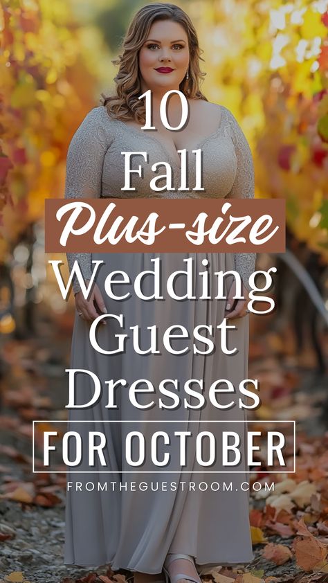 a plus size woman wears a fall wedding guest dress for october Plus Size Fall Party Dress, Fall Plus Size Dress, Engagement Party Outfit Guest Plus Size, Plus Size Fall Wedding Outfit, Fall Wedding Guest Dress For Short Women, Curve Wedding Guest Outfit, Fall Wedding Guest Dress October Casual, Apple Shape Dresses For Wedding, Plus Size Wedding Outfits For Guest