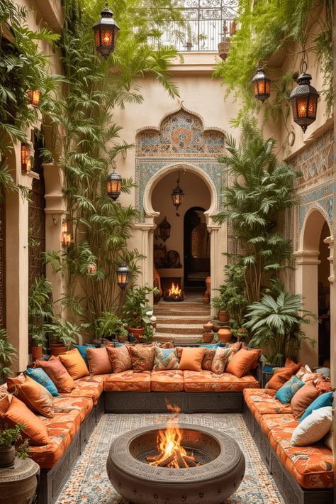 Arabian House Design Exterior, Inner Courtyard Design, Egyptian Scenery, Moroccan Outdoor Patio, Moroccan Backyard, Moroccan Outdoor Decor, Arabian House Design, Covered Outdoor Patio Ideas, Arabic Garden