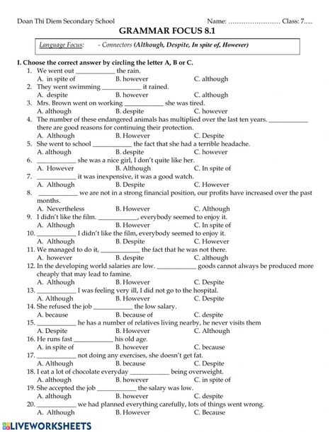 Connectors: online and pdf exercise Connectors English Worksheets, Linking Words Worksheets, Sentence Connectors, Discourse Markers, Live Worksheet, Conjunctions Worksheet, English Grammar Exercises, Linking Words, Grammar Quiz