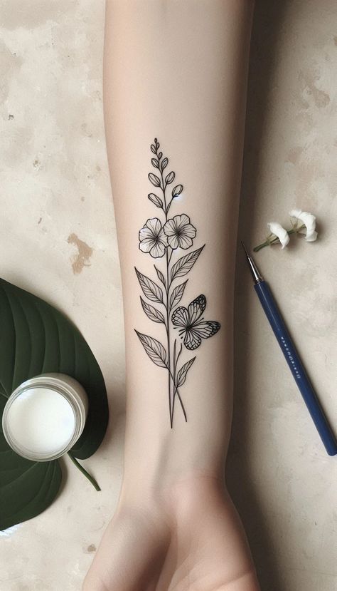 Larkspur Flower & Butterfly Tattoo: Elegant July Birth Flower Tattoo for Positivity & Grace Larkspur Tattoo Design, July Tattoo Ideas, Flower Butterfly Tattoo, July Birth Flower Tattoo, Larkspur Tattoo, July Flower, July Birth Flower, Larkspur Flower, Fineline Tattoo