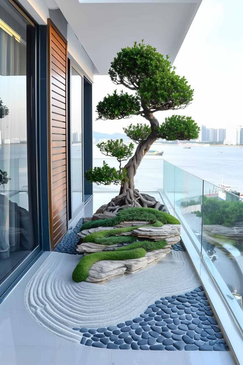 30 Elegant Balcony Garden Designs with Minimalist Appeal Balcony Ideas With Plants, Balcony Landscape Ideas, Outdoor Landscape Design Ideas, Japan Balcony, Japanese Balcony Garden, Japandi Balcony, Modern Minimalist Garden, Japanese Balcony, Balcony Garden Design