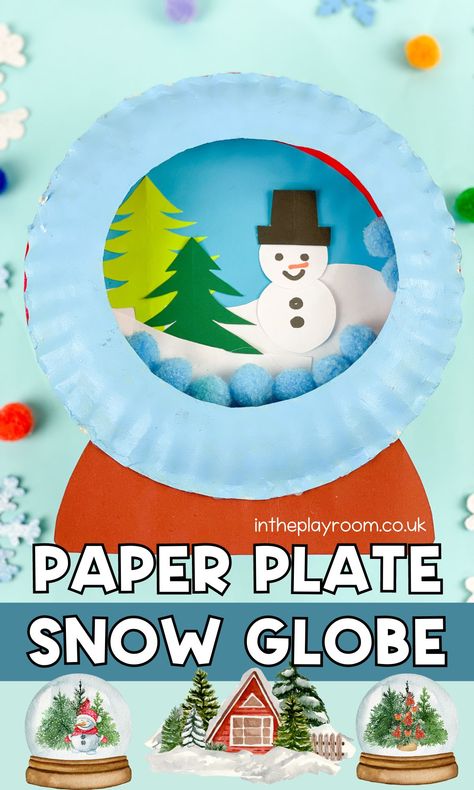 Paper Plate Snow Globe Craft - In The Playroom Snowman Paper Plate Craft, Paper Plate Christmas Crafts For Kids, Winter Art Projects For Kindergarten, Christmas Paper Plate Crafts, Paper Plate Snow Globe, Paper Plate Christmas Crafts, Paper Snow Globe, Paper Plate Snowman, Snow Globe Craft