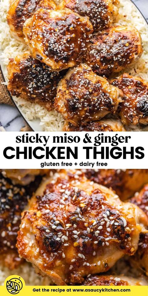 Looking for another easy weeknight meal to perk up your plate? Try these baked, ginger Miso Chicken Thighs: Juicy chicken coated in a sweet and sticky umami packed glaze! Gluten Free + Dairy Free Sticky Ginger Chicken, Miso Glazed Chicken, Miso Chicken Thighs, Miso Chicken, Ginger Miso, Ginger Chicken, Easy Chicken Dinner Recipes, Honey Chicken, Weeknight Dinner Recipe