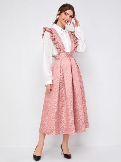 Pink Pleated Dress, Simply Dress, Modesty Fashion, Simple Pakistani Dresses, Korean Fashion Dress, Muslimah Fashion Outfits, Fashionista Clothes, Floral Jacquard, Suspender Dress