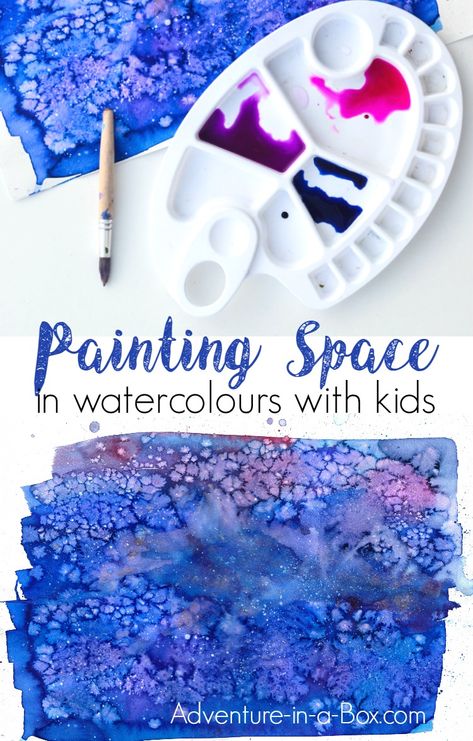 Learn how to paint space and galaxies with watercolours in a simple way and fun way that would appeal to children. This technique includes the use of pipettes, which is always a hit in our house! Outer Space Watercolor Painting, Galaxy Art For Kids, Galaxy Painting For Kids, Paint Space, Space Art Projects, Space Week, Painting Space, Space Watercolor, Art Videos For Kids