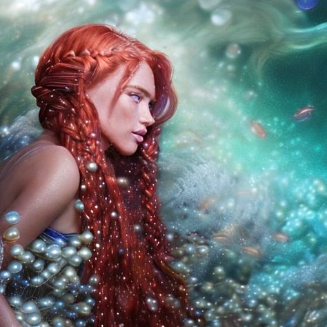 Red haired mermaid with pearls Red Mermaid Aesthetic, Red Mermaid Hair, Mermaid Red Hair, Sirencore Aesthetic, Aesthetic Underwater, Y2k Mermaid, Underwater Mermaid, Mermaid Core, Siren Mermaid